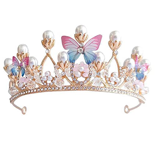 Pink Butterfly Flower Pearl Rhinestone Queen Crown, Princess Crown Headband, Tiara for Girls, Women, Bride, Bridal Costume, Birthday Party, Holiday, Norm, Alloys, White Stone