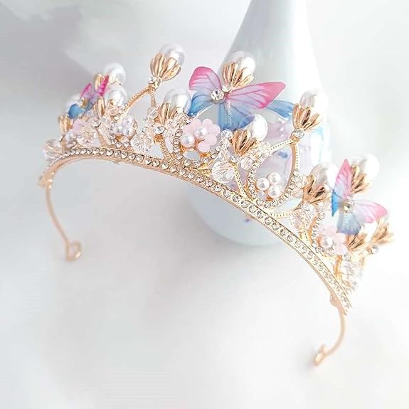 Pink Butterfly Flower Pearl Rhinestone Queen Crown, Princess Crown Headband, Tiara for Girls, Women, Bride, Bridal Costume, Birthday Party, Holiday, Norm, Alloys, White Stone