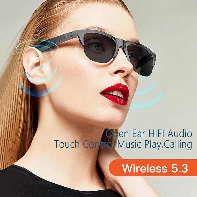 Smart Glasses Wireless Bluetooth Square Sunglasses Open Ear Music&Hands-Free Calling,for Men&Women,Polarized Lenses,Ip4 Waterproof,