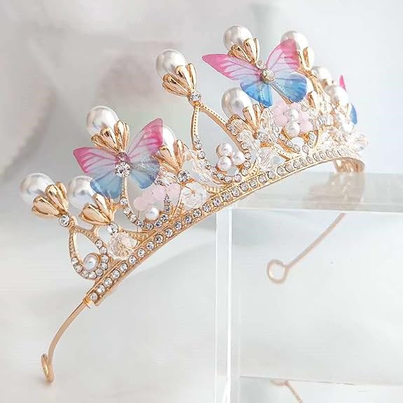 Pink Butterfly Flower Pearl Rhinestone Queen Crown, Princess Crown Headband, Tiara for Girls, Women, Bride, Bridal Costume, Birthday Party, Holiday, Norm, Alloys, White Stone