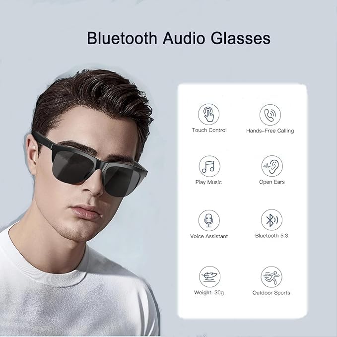 Smart Glasses Wireless Bluetooth Square Sunglasses Open Ear Music&Hands-Free Calling,for Men&Women,Polarized Lenses,Ip4 Waterproof,