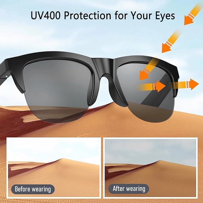 Smart Glasses Wireless Bluetooth Square Sunglasses Open Ear Music&Hands-Free Calling,for Men&Women,Polarized Lenses,Ip4 Waterproof,