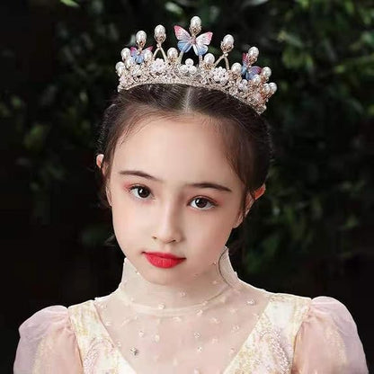Pink Butterfly Flower Pearl Rhinestone Queen Crown, Princess Crown Headband, Tiara for Girls, Women, Bride, Bridal Costume, Birthday Party, Holiday, Norm, Alloys, White Stone