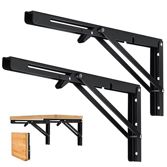 Folding Shelf Brackets (12 Inch, 30 cm) Pack of 2 – Heavy Duty Metal Wall Mount Foldable Collapsible Shelf Support for Kitchen, Table, Workbench & Storage Shelves, Black