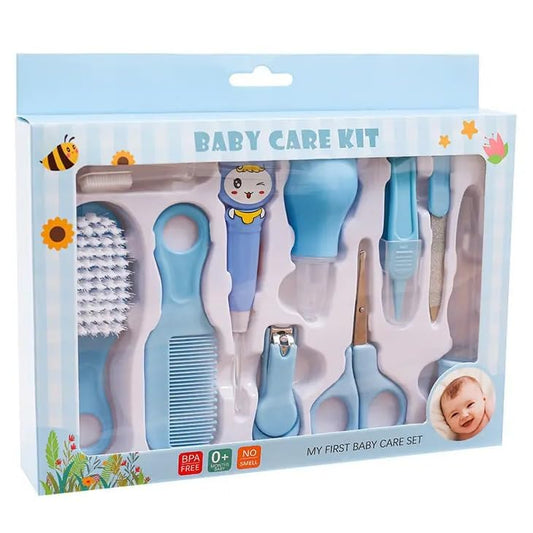 Manicure Grooming Kit for New Born Baby | 10 in 1 Healthcare Accessories Set to Keep Infants & Toddlers Clean | Perfect Nursery Gift with Hair, Nail, Ear Grooming Tools for Kids (Blue)