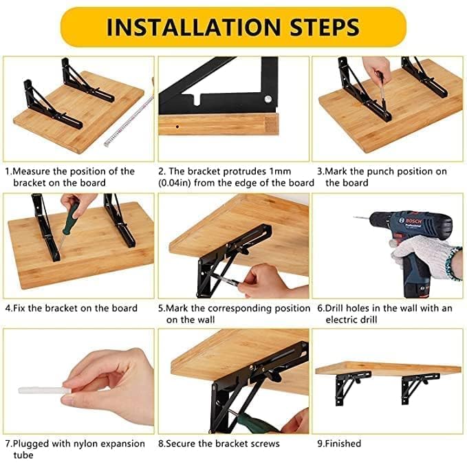 Folding Shelf Brackets (12 Inch, 30 cm) Pack of 2 – Heavy Duty Metal Wall Mount Foldable Collapsible Shelf Support for Kitchen, Table, Workbench & Storage Shelves, Black