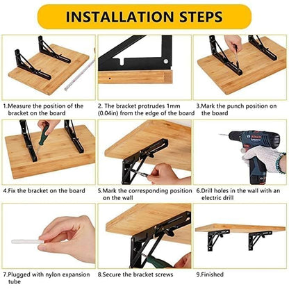 Folding Shelf Brackets (12 Inch, 30 cm) Pack of 2 – Heavy Duty Metal Wall Mount Foldable Collapsible Shelf Support for Kitchen, Table, Workbench & Storage Shelves, Black
