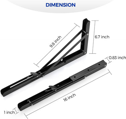 Folding Shelf Brackets (12 Inch, 30 cm) Pack of 2 – Heavy Duty Metal Wall Mount Foldable Collapsible Shelf Support for Kitchen, Table, Workbench & Storage Shelves, Black