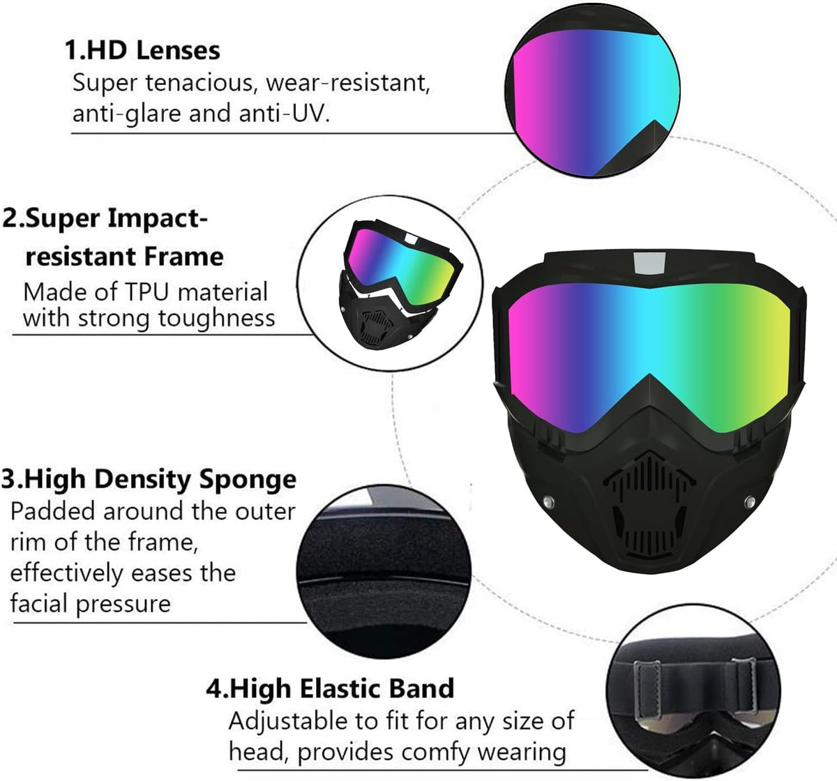 Goggle Mask - Anti-Scratch UV Protective Open Face Eyewear, Windproof Dirt Shield, Adjustable Strap, Soft Foam Padded, Detachable for Cycling, Bike, Racing, Unisex