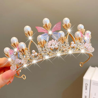 Pink Butterfly Flower Pearl Rhinestone Queen Crown, Princess Crown Headband, Tiara for Girls, Women, Bride, Bridal Costume, Birthday Party, Holiday, Norm, Alloys, White Stone