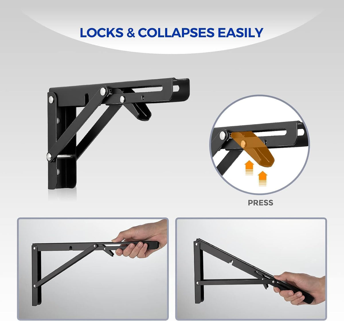 Folding Shelf Brackets (12 Inch, 30 cm) Pack of 2 – Heavy Duty Metal Wall Mount Foldable Collapsible Shelf Support for Kitchen, Table, Workbench & Storage Shelves, Black