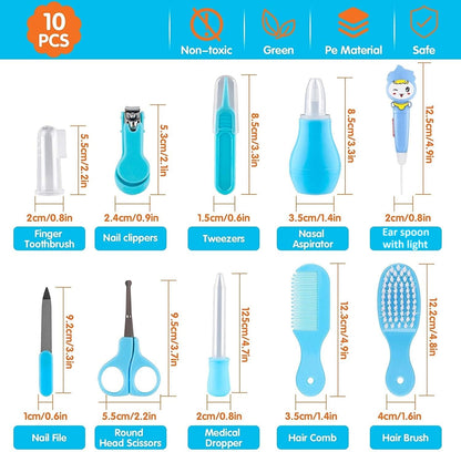 Manicure Grooming Kit for New Born Baby | 10 in 1 Healthcare Accessories Set to Keep Infants & Toddlers Clean | Perfect Nursery Gift with Hair, Nail, Ear Grooming Tools for Kids (Blue)