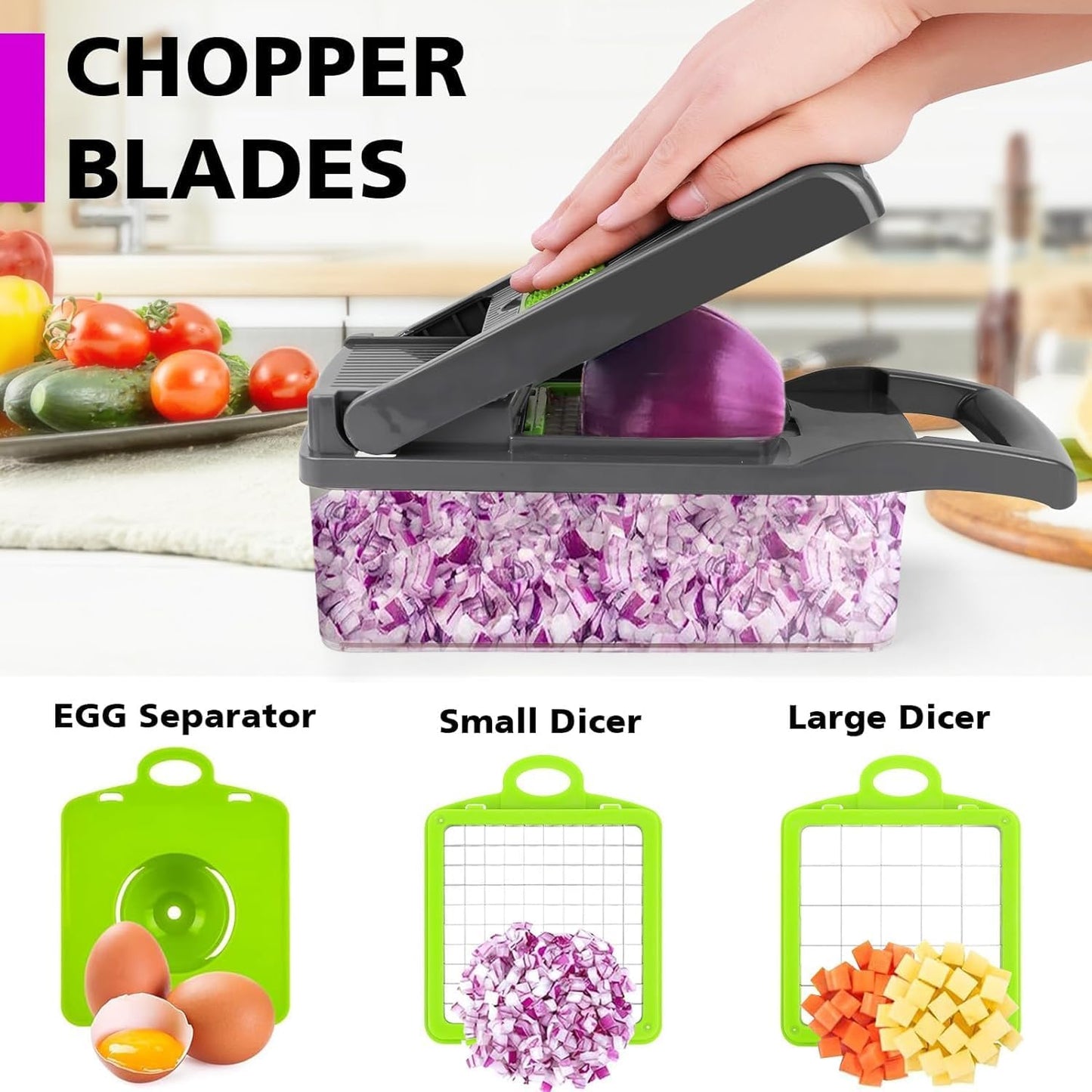 4 in 1 Multipurpose Chopper, Fruits & Vegetable Cutters, Grater Peeler Chipser, Unbreakable Food Grade Body, Easy Push to Clean Button Slicer Dicer, Chopper for Kitchen (Green, Plastic)