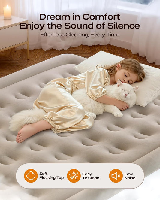 Premium Air Mattress with Built-in Pump – Double Air Bed in 3 Mins Self-Inflation/Deflation, 203x152x46cm, Soft Velvet Surface, Leak-Resistant Technology, for Guests, Travel & Camping