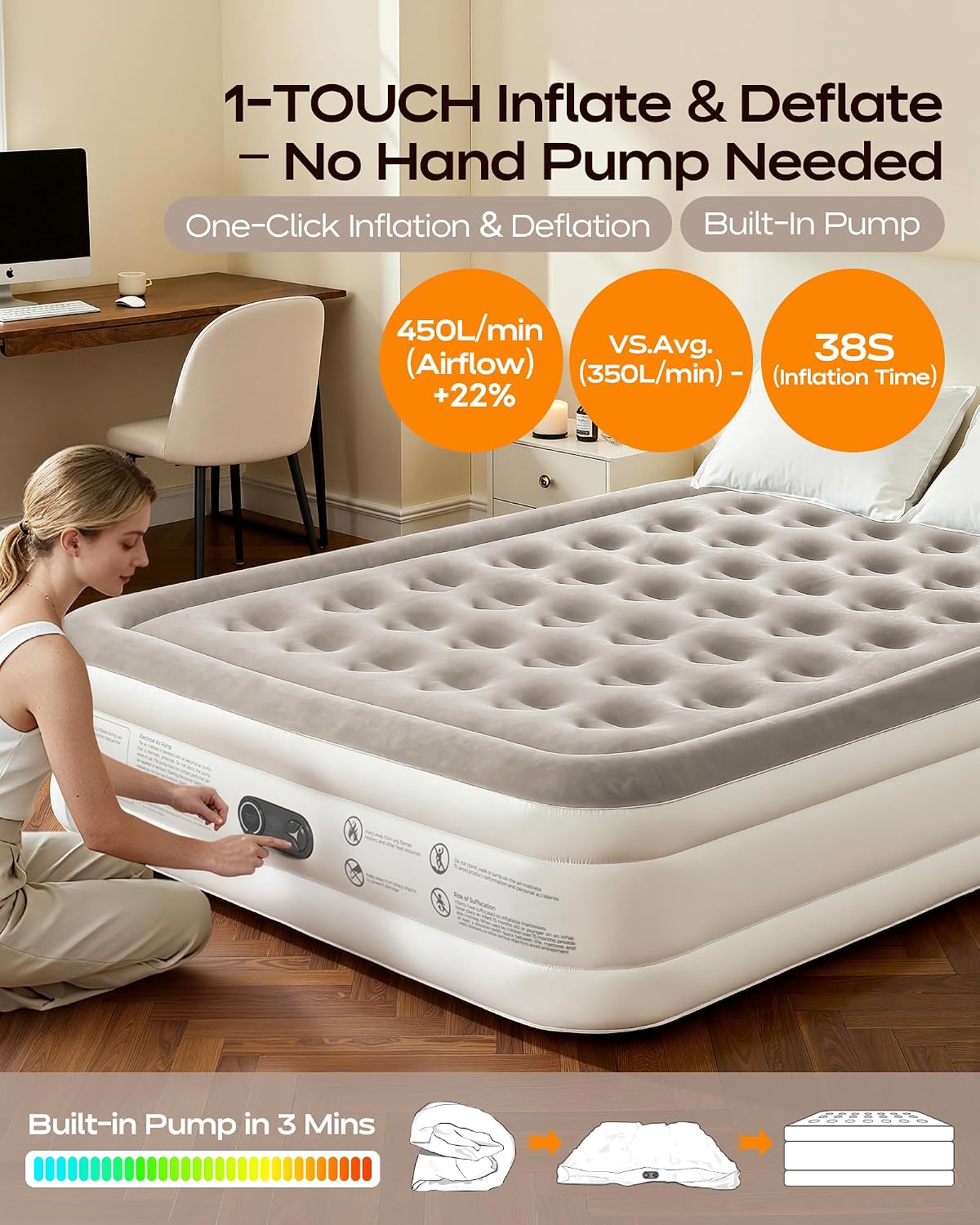 Premium Air Mattress with Built-in Pump – Double Air Bed in 3 Mins Self-Inflation/Deflation, 203x152x46cm, Soft Velvet Surface, Leak-Resistant Technology, for Guests, Travel & Camping